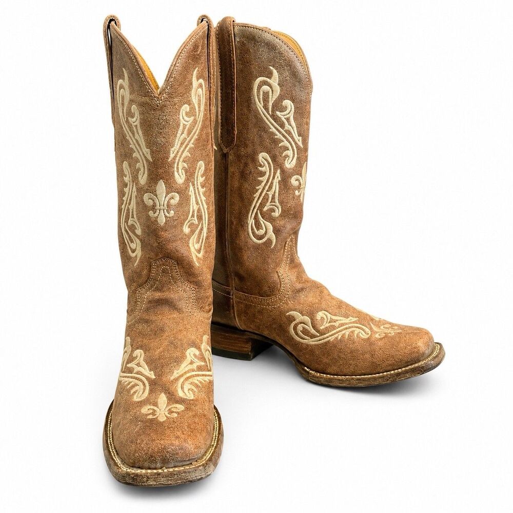 Corral Fleur De Lis Distressed Brown Cream Square Toe Cowboy Boots Size 10 R1976